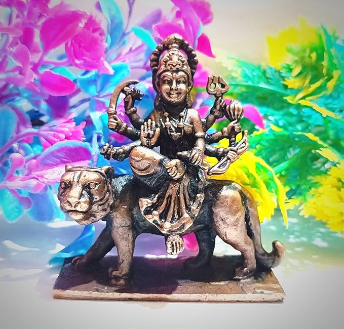 Fashtales Handicrafts Copper Maa Durga Idol | by Ranjani Devi Casting | Weight - 145 GMS, Height - 6.5 cm, Width - 2.5 cm, Lenth - 5.7 cm Aqua Antique Finish Pack of 1 Pieces