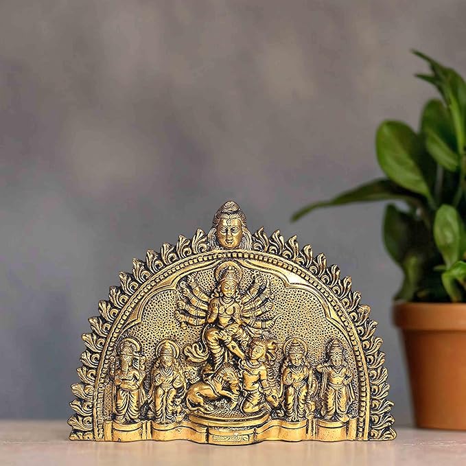 Fashtales Handicrafts Brass Idol Statue of MATA Sherawali Maa Durga Goddess Mahisasur Mardani for Temple 9 Inches