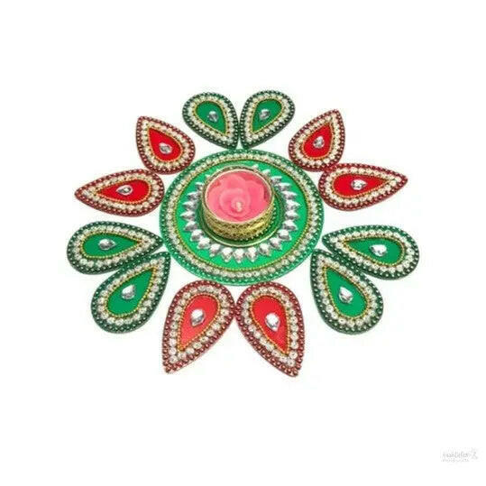 Acrylic rangoli with tea light holder multicolour handicraft jewel stone decorations(red)