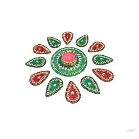 Acrylic rangoli with tea light holder multicolour handicraft jewel stone decorations(red)