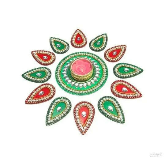 Acrylic rangoli with tea light holder multicolour handicraft jewel stone decorations(red)