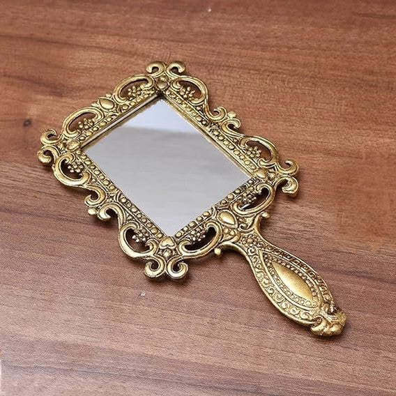 Beautifully Carved Square Shape Gold Plating Metal Hand Mirror for Makeup, Travelling, Salon Mirror & Decorative Antique Item, framed