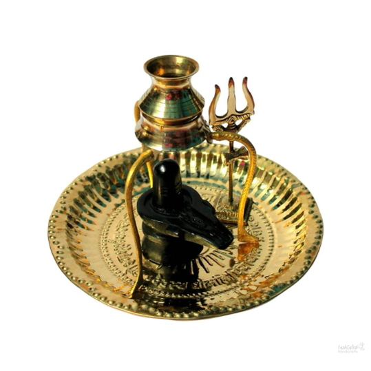 Black Shivling Shiva Ling/Shivling with Brass Plate, Kalash with Stand/Trishul Brass (1 Piece, Gold)