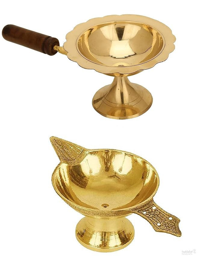 Brass Dhoop Diya and Small Aarti Diya for Pooja Combo Medium Size Kapoor Aarti Lamp/Dhoop Stand Diya Aarti for Gifting and Religious