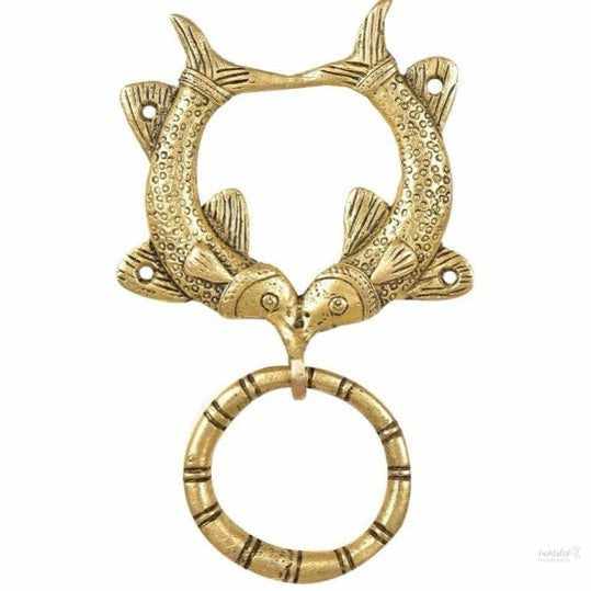 Brass Double Fish Door Knocker for Main Door - Royal Touch Door Entrance Decoration Items - Gold Door Ring Bell