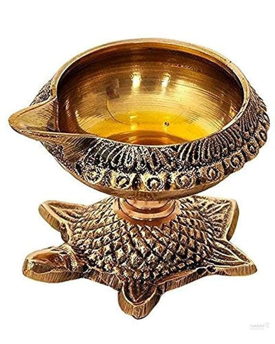 Brass Kubera Akhand Diya Oil Lamp with Turtle Stand for Pooja Room