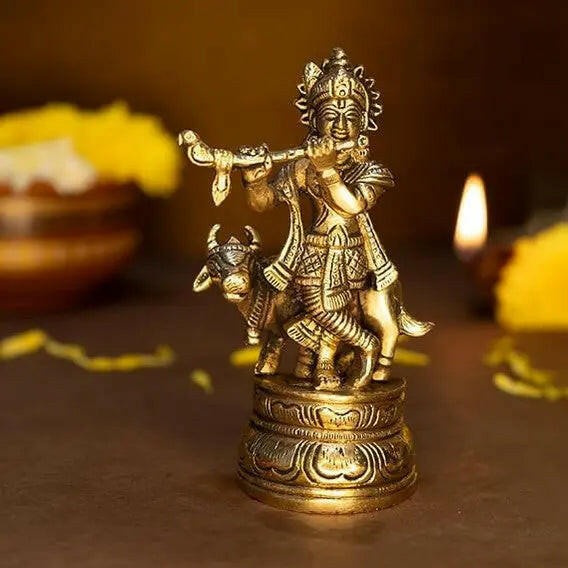 Fashtales Handicrafts 100% Pure Brass Lord Krishna Idol with Flute | Shree Lord Krishna Statue for Home Decor | Kanha Ji ki Murti for Office Desk | Sri Krishna Idols Gift for House Warming Ceremony