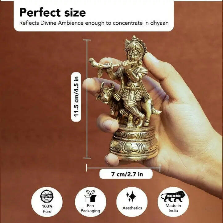 Fashtales Handicrafts 100% Pure Brass Lord Krishna Idol with Flute | Shree Lord Krishna Statue for Home Decor | Kanha Ji ki Murti for Office Desk | Sri Krishna Idols Gift for House Warming Ceremony