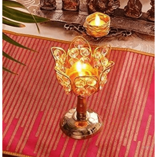 Brass Lotus Shape Diya with crystal for Pooja Room Decoration Meditation