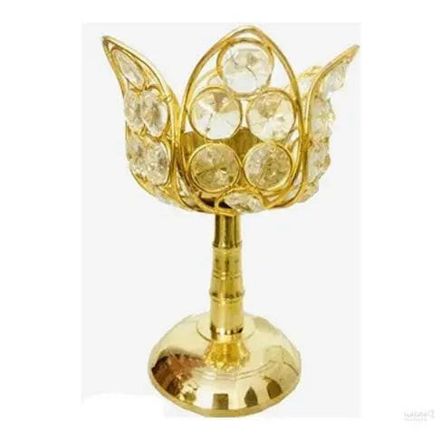 Brass Lotus Shape Diya with crystal for Pooja Room Decoration Meditation