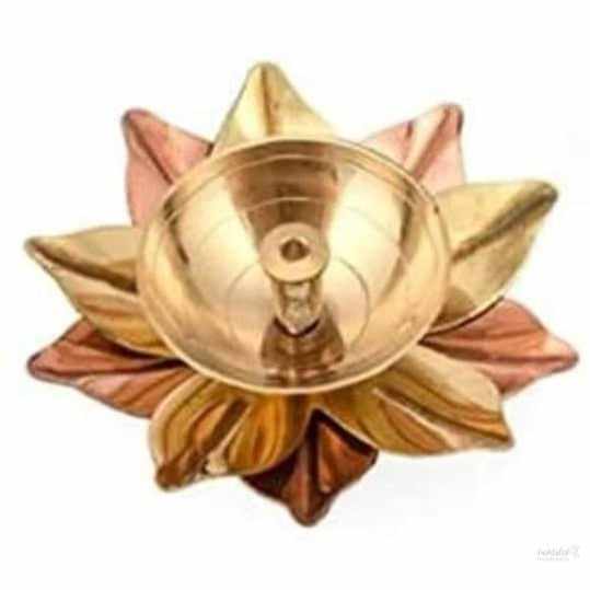 Brass and Copper Lotus Shape Akhand Diya/ Kamal Patta Puja Deepak/ Oil Lamp for Puja Ghar and office