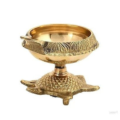 Collectible India Brass Diya Oil Puja Lamp Engraved Design Dia with Turtle Base for Home Temple Pooja Articles Decor Gifts (1Pcs).