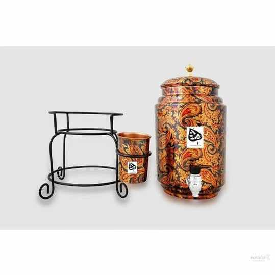 Copper 5 Liter Copper Water Dispenser Printed Matka Tank Pot with 1 Glass and Stand - 5000 ml