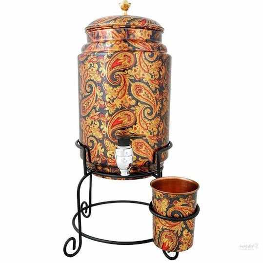 Copper 5 Liter Copper Water Dispenser Printed Matka Tank Pot with 1 Glass and Stand - 5000 ml