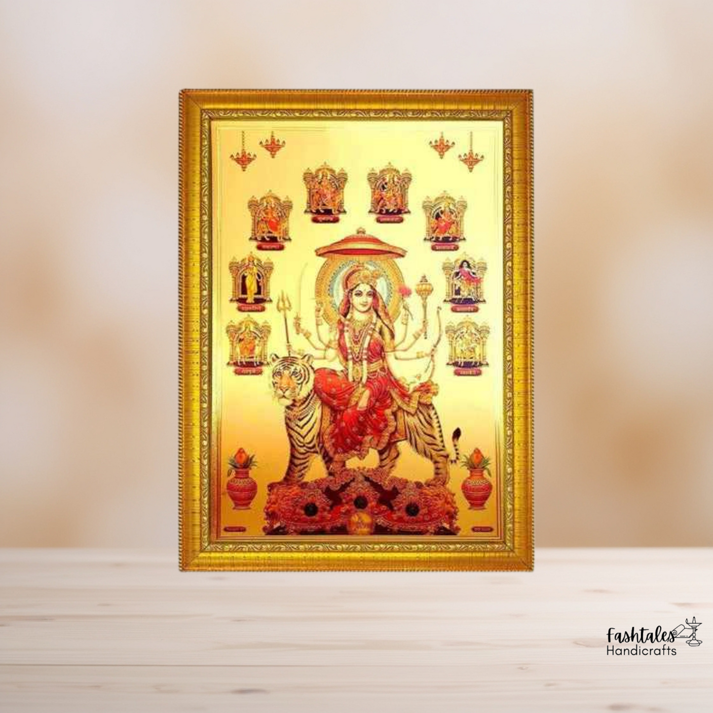 Fashtales Handicrafts Durga devi maa Framed Painting for Wall and Pooja/Hindu Bhagwan Devi Devta Photo Frame/God Poster for Puja