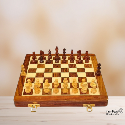 Fashtales Handicrafts Wooden Handmade Foldable Magnetic Chess Board Set Wooden with Magnetic Pieces and Extra Queens for Kids and Adults (12x12 Inches, Brown)