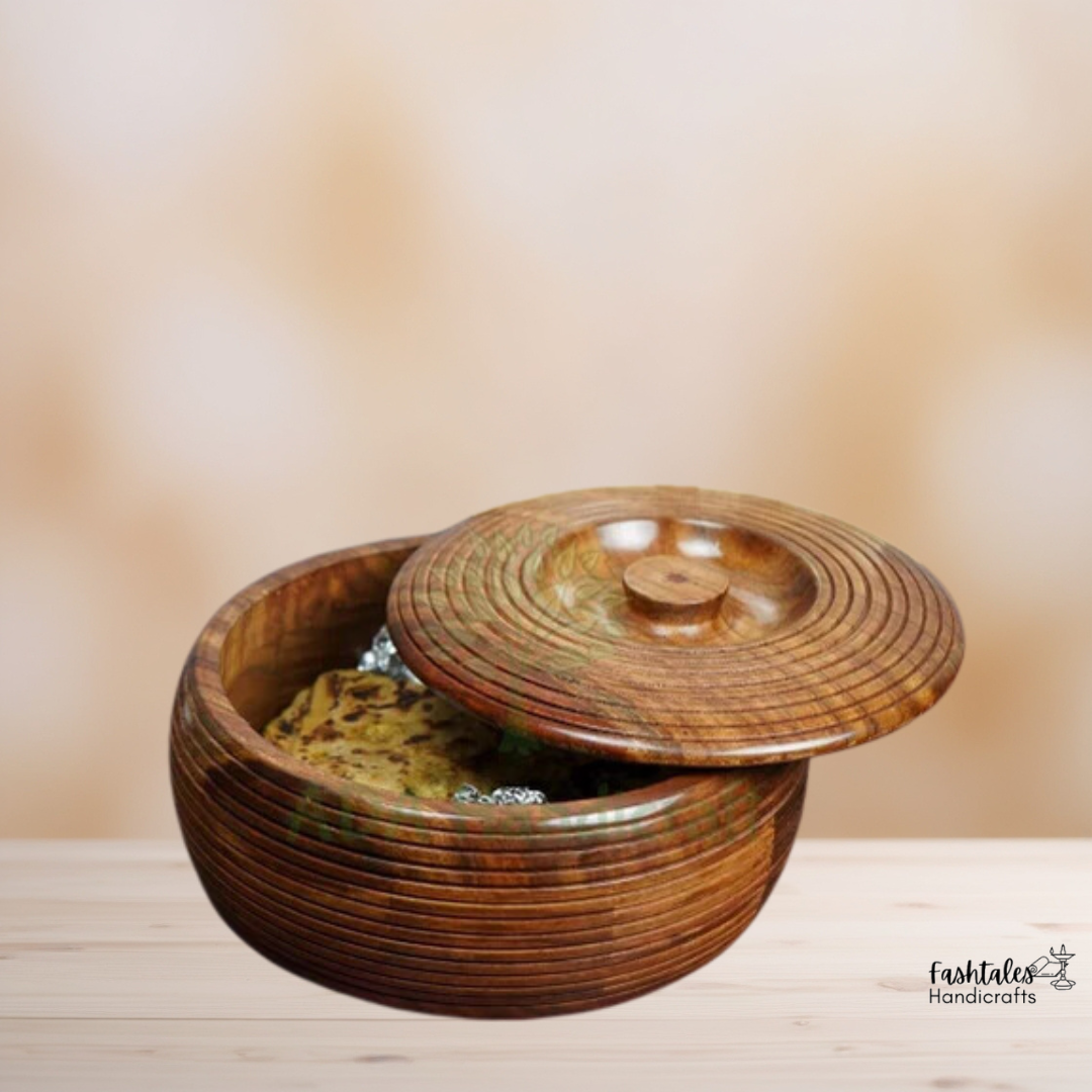 Fashtales Handicrafts Premium Pakka Sheesham Wooden Chapati Box | Round Hot Pot Roti Dabba with Lid | Roti Storage Server Container for Kitchen - Size (22 x 22 x