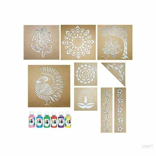 Decorative rangoli stencils (wood, 30x30 cm, 3 in 1 rangoli stencils set 6 rangoli color powder of 100gm each) handmade rangoli making kit.