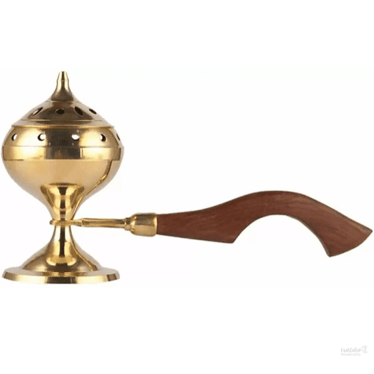 Dhoop Aarti Diya with wooden handle/ Dhoop stand for Puja Brass wood table diya(Golden)