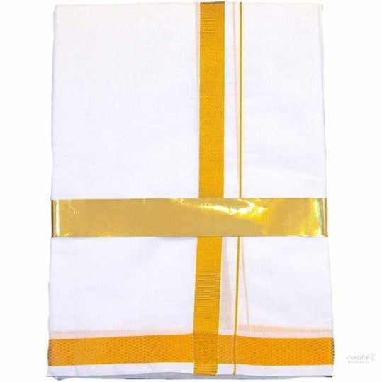 Dhoti for Men, Mundu, Veshti, Pure Cotton, with Angavastram, White with Gold Border, Dhoti length - 3.6 mts