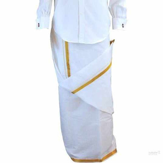 Dhoti for Men, Mundu, Veshti, Pure Cotton, with Angavastram, White with Gold Border, Dhoti length - 3.6 mts