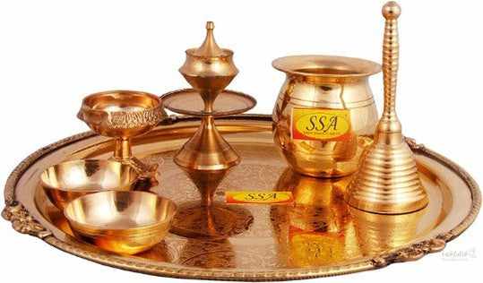 Diwali Navratra Spacial Brass Pooja Thali Set (7 Pcs = 1 Karvi Pooja Plate, 1 Ghanti,Kuber Diya,1 Jal Patra,1 Agardaan,2 Roli Chawal Katori