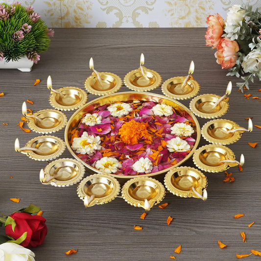 Diya Shape Flower Decorative Urli Bowl for Home Handcrafted Bowl for Floating Flowers and Tea Light Candles Home,Office and Table Decor| Diwali Decoration Items for Home (12 Inches)