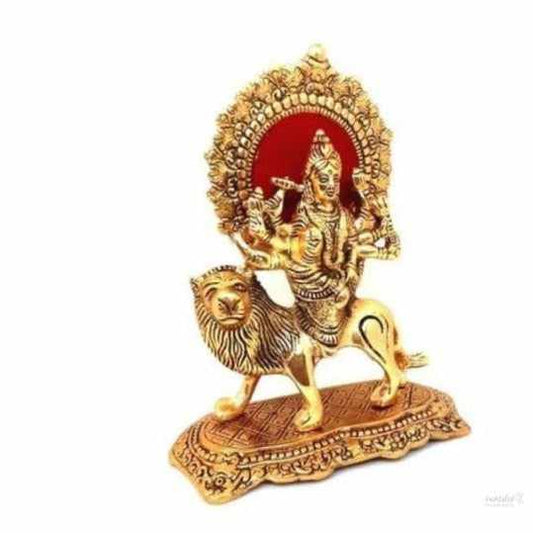 Durga maa idol sitting on sher metal beautiful idol for worship/pooja/gifting item home office use showpiece- 21cm (metal, gold)handmade