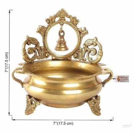 Ethnic Indian Carved 7 Inches Brass Decor Urli Bowl with Bell