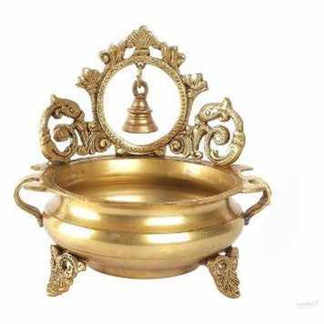 Ethnic Indian Carved 7 Inches Brass Decor Urli Bowl with Bell