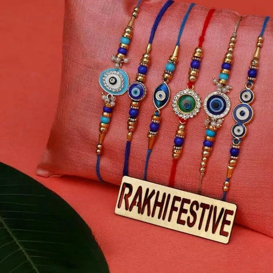Fashtales Handicrafts Evil Eye Rakhi for Brother And Bhabhi Eco Friendly Rakhi Fo Bhai, Brothers Rakhi, Kids Rakhi Set of 6 With Wooden Cutout