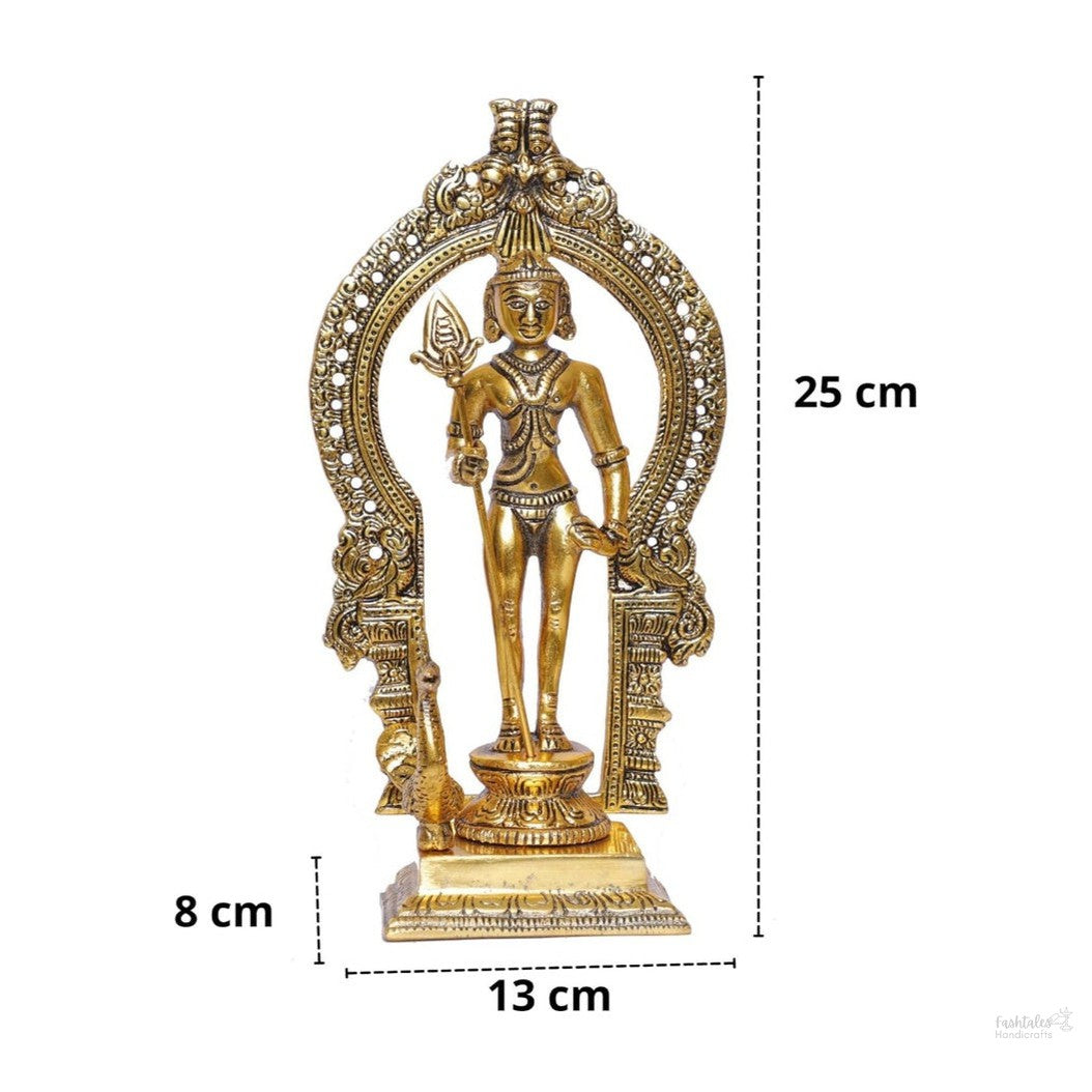 Fashatles Handicrafts Metal Murugan Swami (Kartikeya) Statue Standing with Peacock Showpiece Figurines - Medium size, Golden