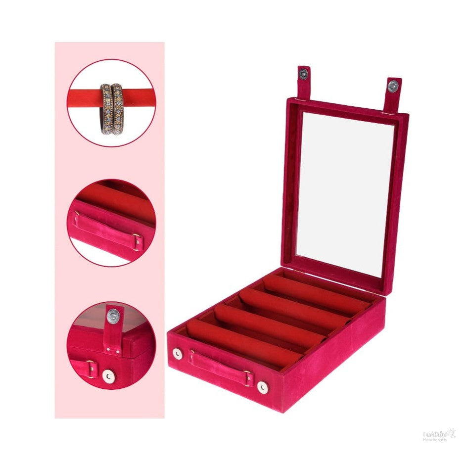Fashtales Handicrafts 4 Rod Bangle Box|Wooden Jewelry Box|Wedding Vanity Box|Velvet Coated Wedding Bracelet Organizer for Women & Girls (Pink)