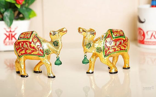 Fashtales Handicrafts Aluminium Camel Set Metal Statue with Meenakari Work for Home, Office, Table Decor (Brass, Multicolor, Standard)
