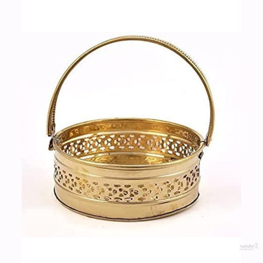 Fashtales Handicrafts Brass Flower Basket | Pooja Basket with Handle | Dolchi Basket for Puja Brass Traditional Round Shape Pooja Basket/Pooja Dalia (8 Inch)