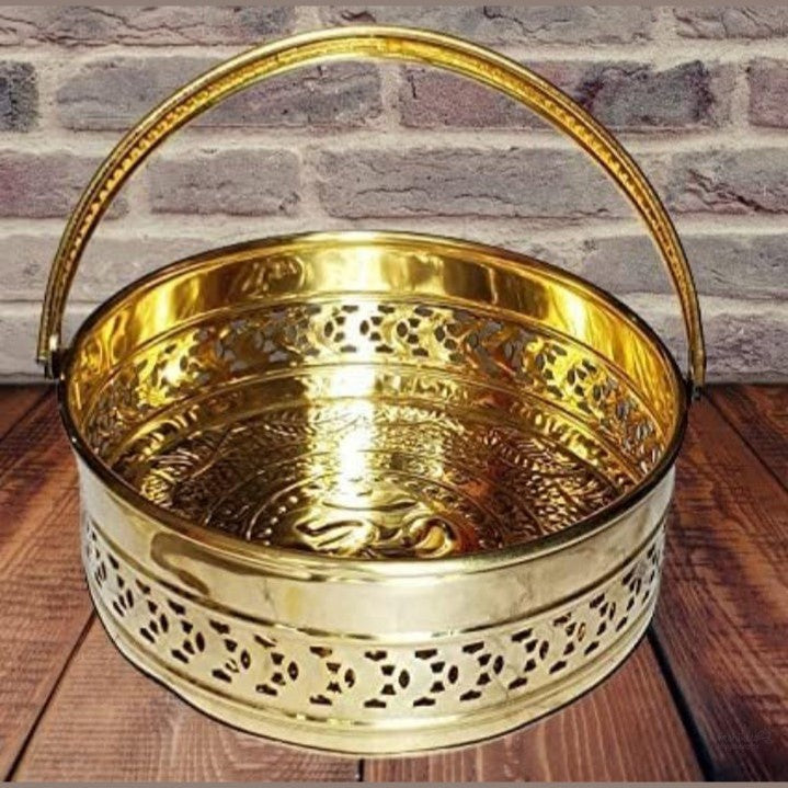 Fashtales Handicrafts Brass Flower Basket | Pooja Basket with Handle | Dolchi Basket for Puja Brass Traditional Round Shape Pooja Basket/Pooja Dalia (8 Inch)