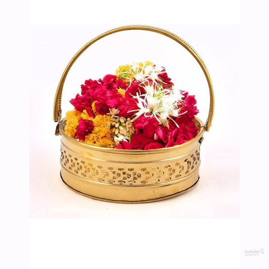 Fashtales Handicrafts Brass Flower Basket | Pooja Basket with Handle | Dolchi Basket for Puja Brass Traditional Round Shape Pooja Basket/Pooja Dalia (8 Inch)