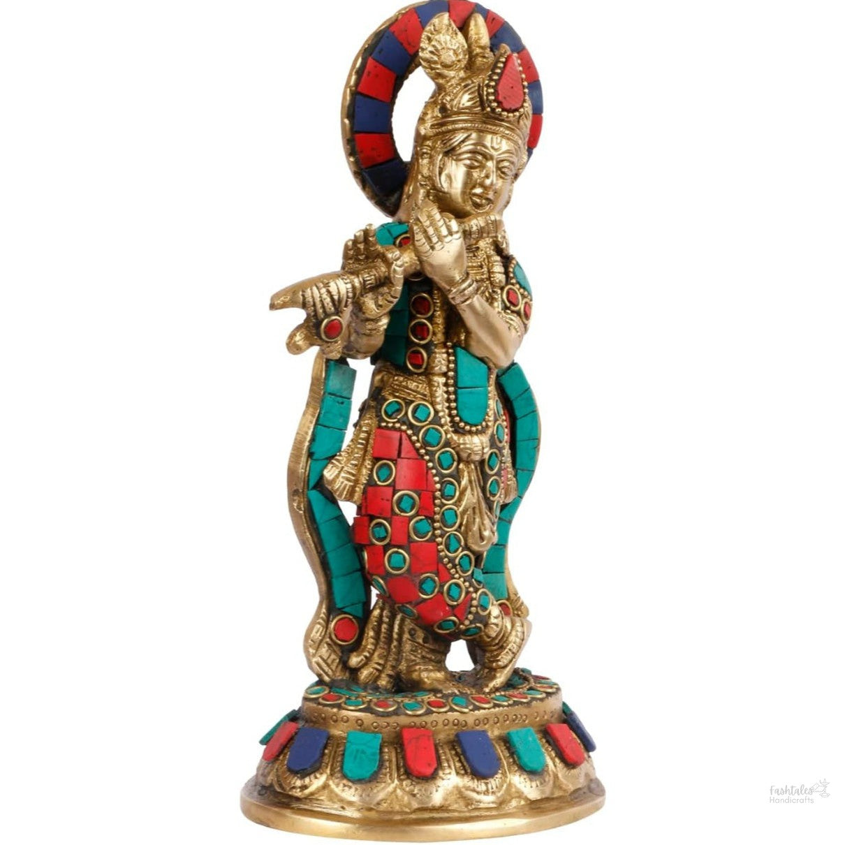 Fashtales Handicrafts Brass Krishna Idol with Flute – 8.5 Inches Height, Vibrant Stone Decoration, Ideal for Home Décor
