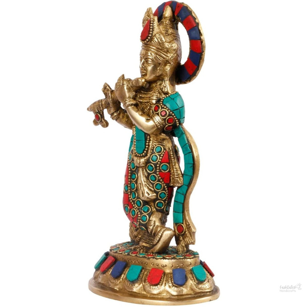Fashtales Handicrafts Brass Krishna Idol with Flute – 8.5 Inches Height, Vibrant Stone Decoration, Ideal for Home Décor