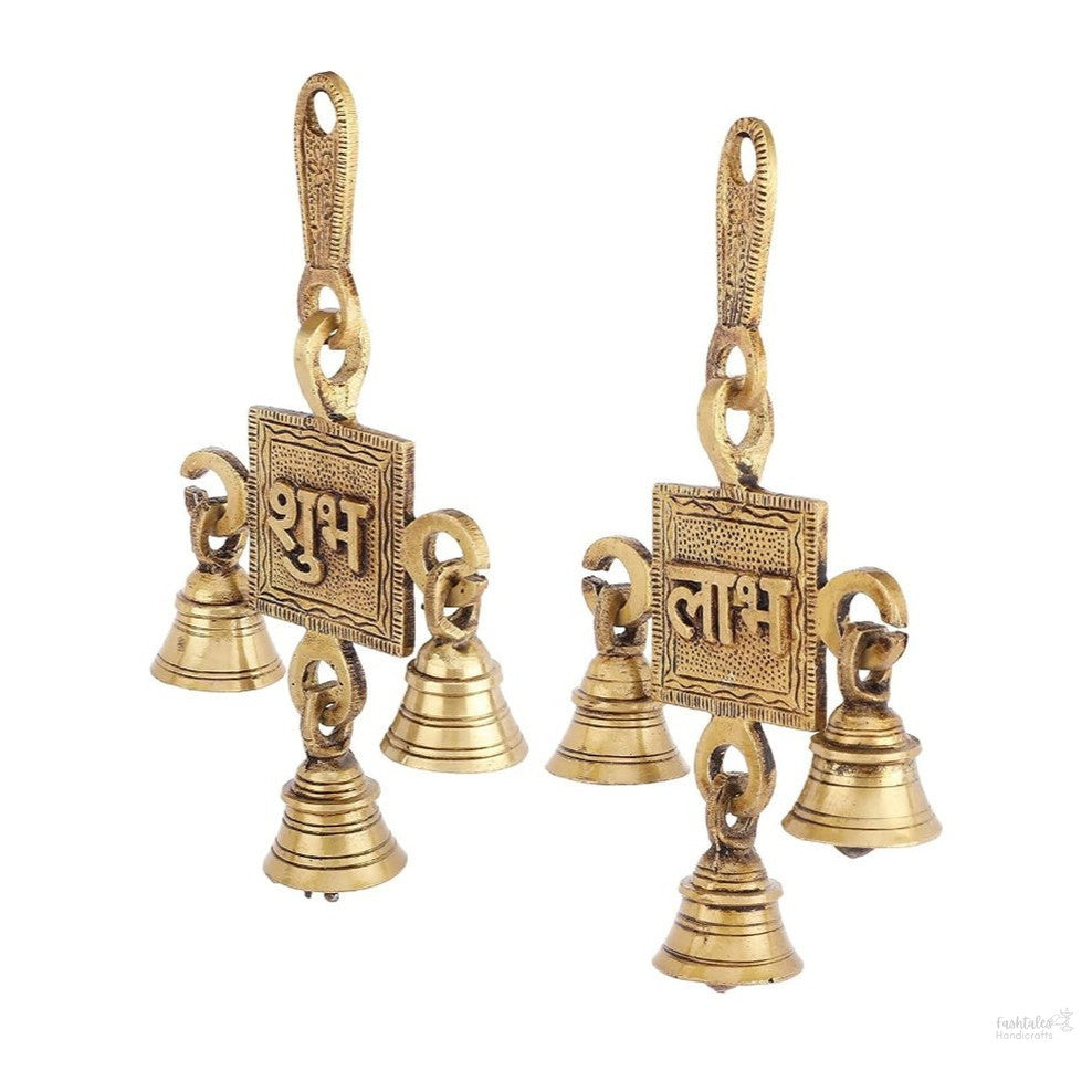 Fashtales Handicrafts Brass Shubh Labh Door Hanging Bells Set, Hanging Bells for Home Decor, Wall Decor, Ghanti for Pooja, Pack of 2