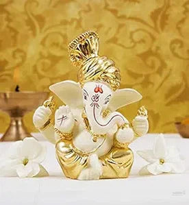 Fashtales Handicrafts Ceramic Ganesh Idol For Car Dashboard Ganesha Murti Ganpati Idol For Home Decor Puja Lord Ganesh Statue Gift For Office Desk Puja Room Figurine (6x4x3cm, Gold)