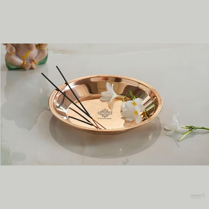 Fashtales Handicrafts Copper Pooja Thali Plate, Poojan Purpose, Spiritual Gift Item, 8" Inch