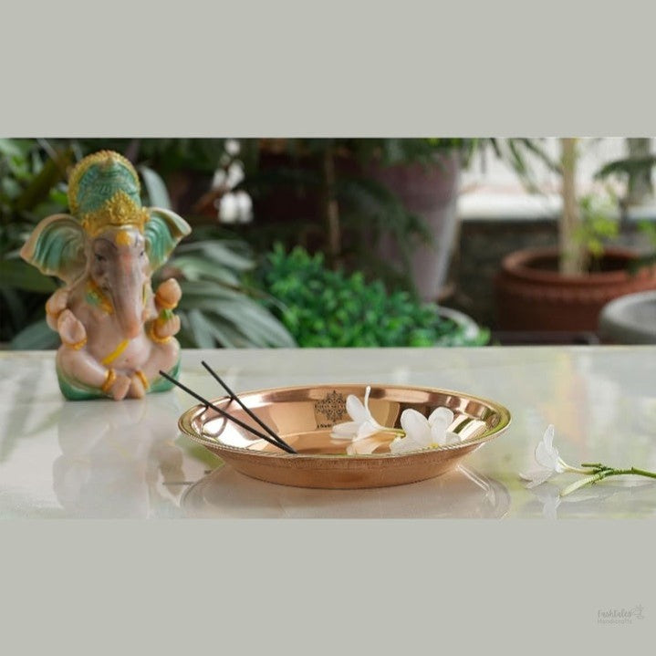 Fashtales Handicrafts Copper Pooja Thali Plate, Poojan Purpose, Spiritual Gift Item, 8" Inch