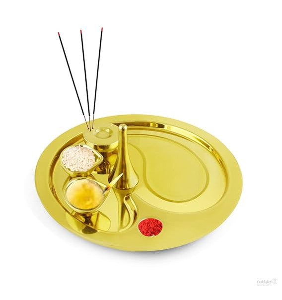 Fashtales Handicrafts Double Walled Stain Less Steel Pooja Thali 5 Pc Set Diya, Bowl, Bell and Incense Stick Holder in Gold Finish