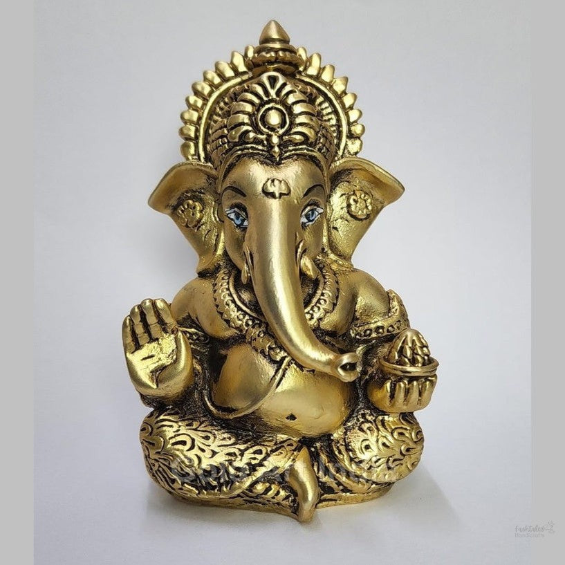 Fashtales Handicrafts Ganesha Idol | Ganesh Statue for Home Decor | Ganesha murti for Office Desk, & Ganpati Idol for Car Dashboard | Unique Wedding & Birthday Gift (Gold Antique 3.5")