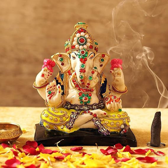 Fashtales Handicrafts Ganesha Idol Statue Showpiece Figurine (Resin, Multi, 16 cm x 14 cm x 7 cm) - Decoration Items for Home Decor Mandir Living Room Pooja Room Office Table Gifts