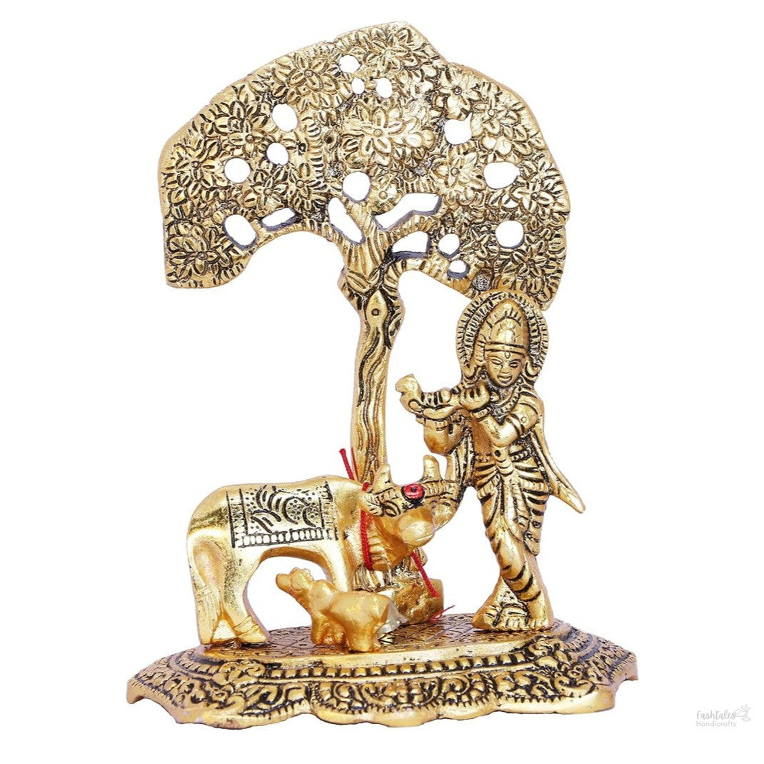 Fashtales Handicrafts Home Decor & Gifts Metal Krishna With Cow Standing Under Tree Plying Flute (Gold, 12.5X8X16Cm), 1 Piece