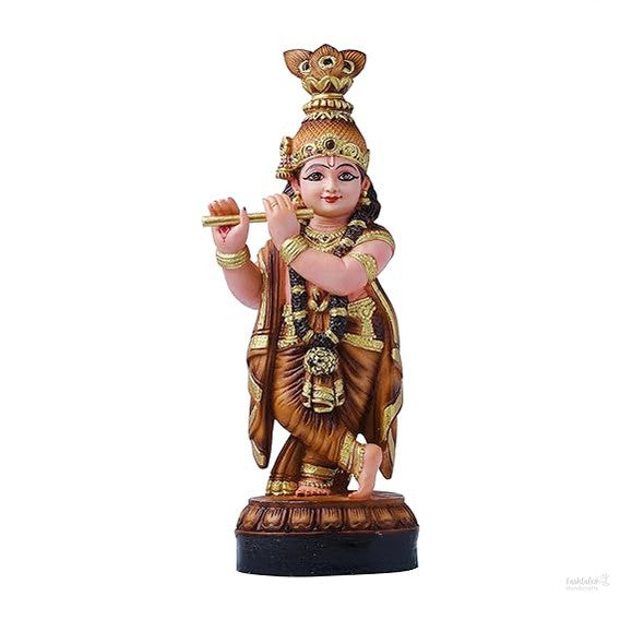 Fashtales Handicrafts Krishna Idol | Decorative Hindu God Statue | Kanhaji Murti Showpiece | Figurine Home Decor | Craft Gifts for House Warming for Living Room, Temple, Brown Idol, 34X13X10CM
