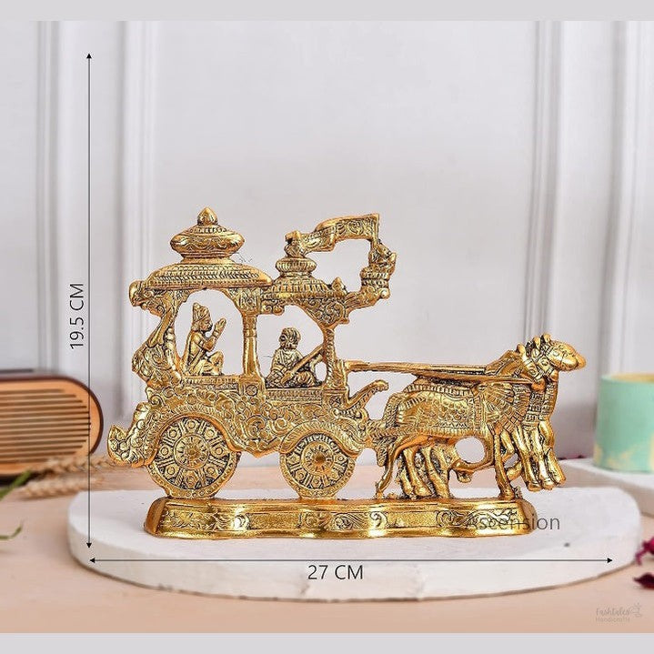 Fashtales Handicrafts Lord Krishna and Arjun Rath Chariot with Two Horses Decorative Showpiece Metal Gold Plated Antique Krishna Arjuna Rath Wall Hanging & table corner decor