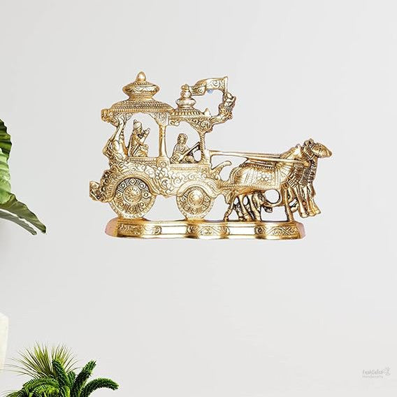 Fashtales Handicrafts Lord Krishna and Arjun Rath Chariot with Two Horses Decorative Showpiece Metal Gold Plated Antique Krishna Arjuna Rath Wall Hanging & table corner decor